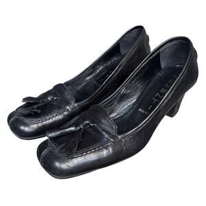 Y2K avant garde office siren preppy black leather loafer heels with tassel 37